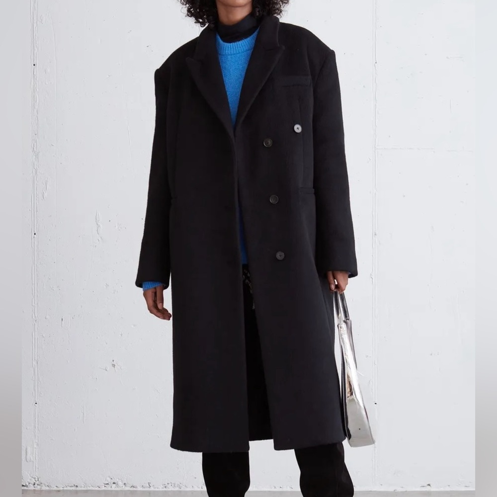 OAK + FORT Black Long Wool-Blend Double-Breasted Coat
